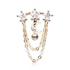 Golden Chained Celestial Stars Cubic Zirconia Drop Top Reverse Belly Button Ring
