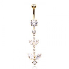 Golden Double Leaf Drop Cubic Zirconia Belly Button Ring