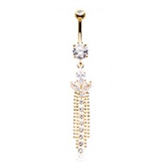 Golden Leaf Chain Drop Cubic Zirconia Belly Button Ring