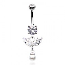 Dainty Leaf Pearl Drop Cubic Zirconia Belly Button Ring
