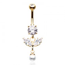 Golden Dainty Leaf Pearl Drop Cubic Zirconia Belly Button Ring
