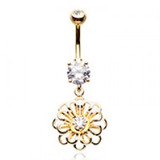 Golden Flower Dangle Cubic Zirconia Belly Button Ring