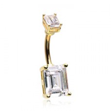 Golden Emerald Cut Cubic Zirconia Belly Button Ring