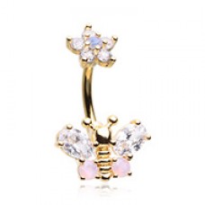 Golden Spring Floral Butterfly Cubic Zirconia Belly Button Ring