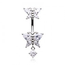 Double Butterfly Dangle Drop Cubic Zirconia Belly Button Ring