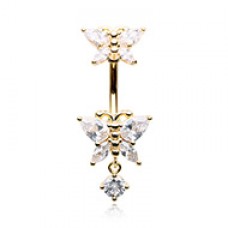 Golden Double Butterfly Dangle Drop Cubic Zirconia Belly Button Ring