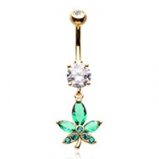 Golden Cannabis Mary Jane Dangle Drop Cubic Zirconia Belly Button Ring