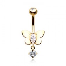 Golden Pristine Butterfly Dangle Drop Cubic Zirconia Belly Button Ring