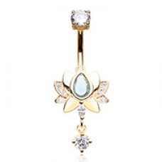 Golden Blooming Lotus Dangle Drop Cubic Zirconia Belly Button Ring