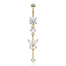 Golden Dangling Butterfly CZ Drop Cubic Zirconia Belly Button Ring