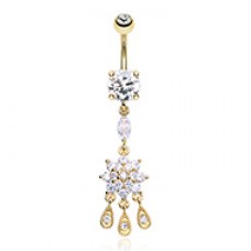 Golden Dangling Flower CZ Drop Cubic Zirconia Belly Button Ring