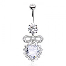 Chunky Heart Bow CZ Dangle Cubic Zirconia Belly Button Ring
