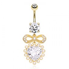 Golden Chunky Heart Bow CZ Dangle Cubic Zirconia Belly Button Ring