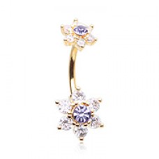 Golden Double Bloom Flower Cubic Zirconia Belly Button Ring
