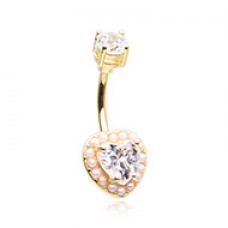 Golden Coquette Pearl Heart Cubic Zirconia Belly Button Ring