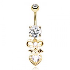 Golden Bow Heart Dangle Cubic Zirconia Belly Button Ring