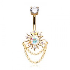 Golden Blazing Sun Double Chain Cubic Zirconia Belly Button Ring