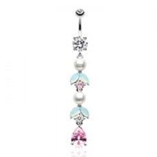 Pastel Pearl Leaf Drop Bling Belly Button Ring