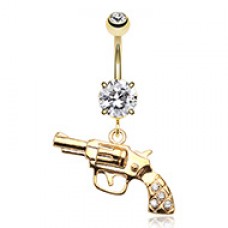 Golden Revolver Gun Sparkle Belly Button Ring