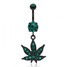 Black Indica Marijuana Cannabis Pot Leaf Sparkle Belly Button Ring