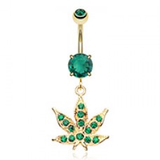 Golden Indica Marijuana Cannabis Pot Leaf Sparkle Belly Button Ring