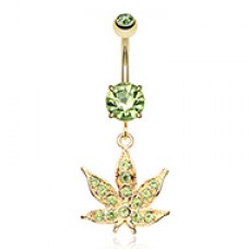 Golden Indica Marijuana Cannabis Pot Leaf Sparkle Belly Button Ring