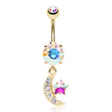Golden Iridescent Celestial Moon Star Belly Button Ring