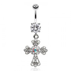 Shimmering Religious Patonce Cross Belly Button Ring