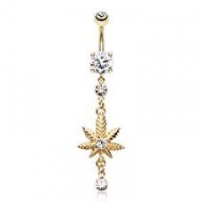 Golden Marijuana Cannabis Pot Leaf Dangle Belly Button Ring