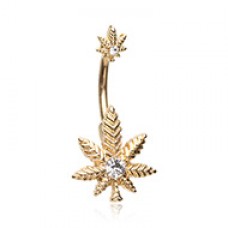 Golden Double Marijuana Cannabis Pot Leaf Belly Button Ring