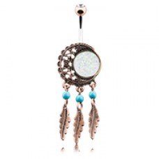 Vintage Boho Filigree Moon Dreamcatcher Opal Belly Button Ring