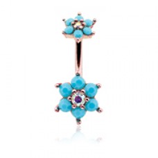 Rose Gold Turquoise Spring Flower Sparkle Prong Set Belly Button Ring