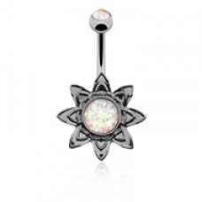 Hematite Blooming Opal Flower Belly Button Ring