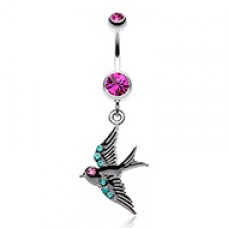 Jeweled Flying Swallow Dangle Belly Button Ring