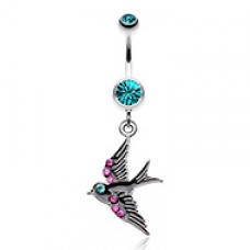 Jeweled Flying Swallow Dangle Belly Button Ring