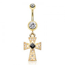 Golden Gemmed Iron Cross Belly Button Ring