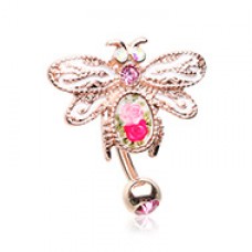 Rose Gold Vintage Soaring Dragonfly Drop Top Down Reversible Belly Button Ring
