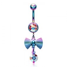Rainbow Dainty Mesh Bow Gem Sparkle Belly Button Ring