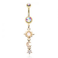 Golden Iridescent Celestial Sun Moon Star Belly Button Ring