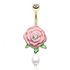Shabby Chic Pink Rose Pearl Drop Flower Belly Button Ring