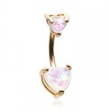 Golden Double Heart Opal Sparkle Prong Set Belly Button Ring