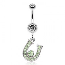 Jeweled Four Leaf Clover on Horseshoe Belly Button Ring