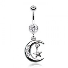 Glistening Moon and Star Belly Button Ring