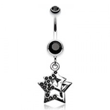 Double Hollow Star Gem Dangle Belly Button Ring