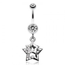 Double Hollow Star Gem Dangle Belly Button Ring