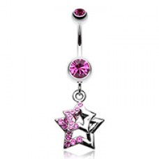 Double Hollow Star Gem Dangle Belly Button Ring