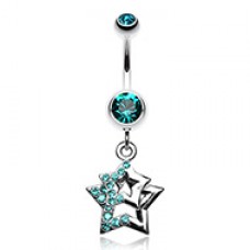 Double Hollow Star Gem Dangle Belly Button Ring