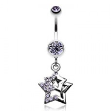 Double Hollow Star Gem Dangle Belly Button Ring