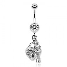 Puffed Heart Lock & Key Charm Dangle Belly Button Ring