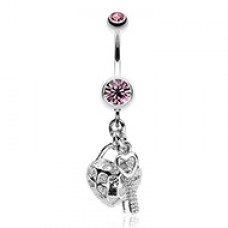 Puffed Heart Lock & Key Charm Dangle Belly Button Ring